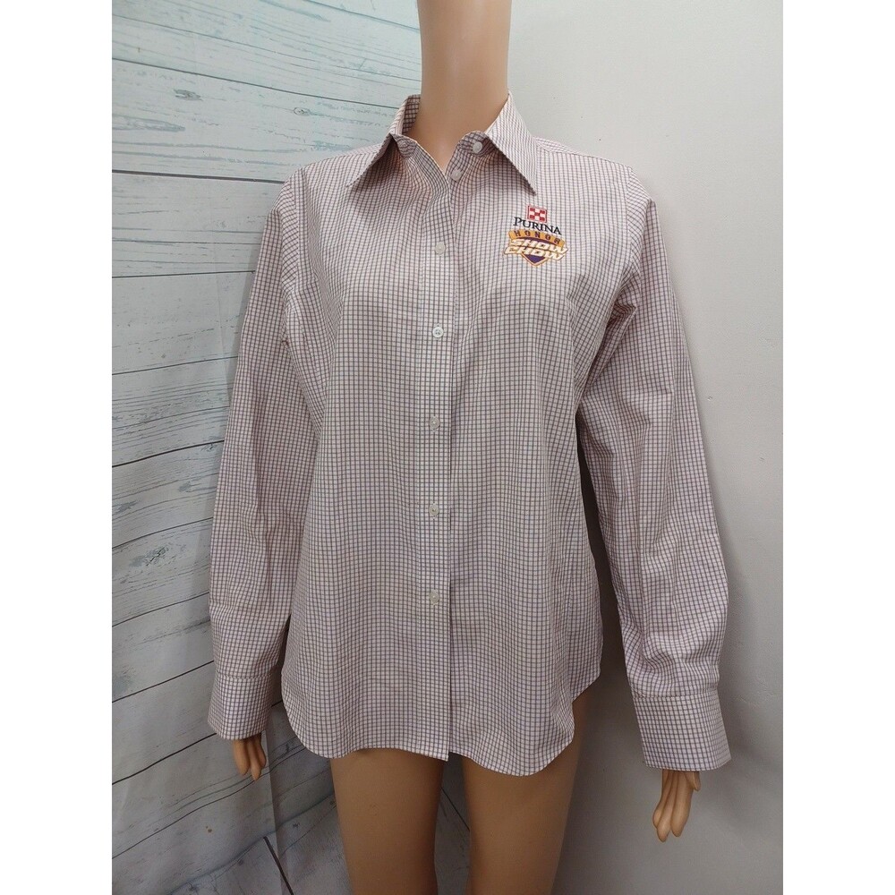 Purina Honor Show Chow Blouse Sz L White Tunic Top Button Front Long Sleeve